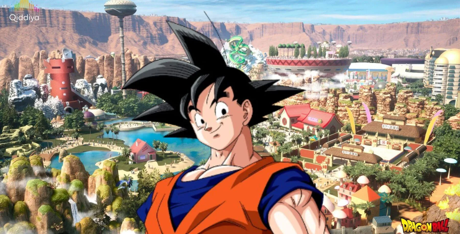 Imagem de fundo relacionado com o parque temático de Dragon Ball e Goku ao centro
