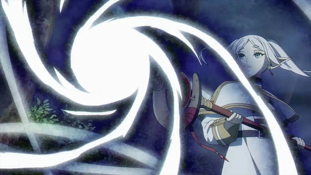 Maga Frieren preparando a Magia Zoltraak para atingir o inimigo