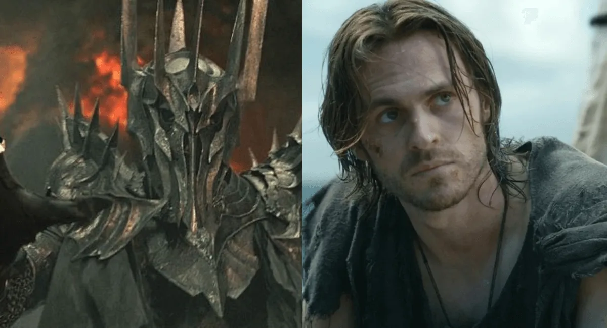 Sauron dos filmes do Senhor dos Anéis a esquerda e à direita disfarçado como Annatar em Anéis do Poder