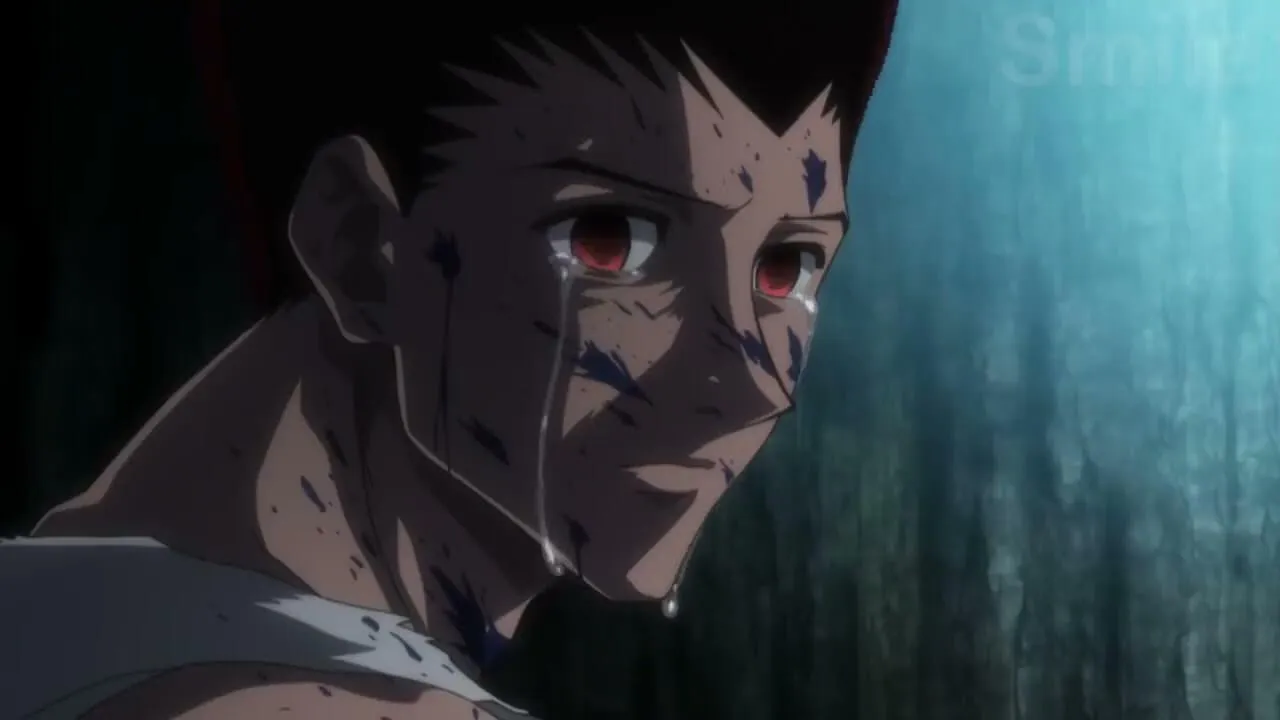 Gon na sua forma adulta triste e chorando por causa da morte de Kaito.