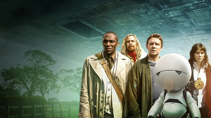 Personagens de O Guia do Mochileiro das Galáxias alinhados.