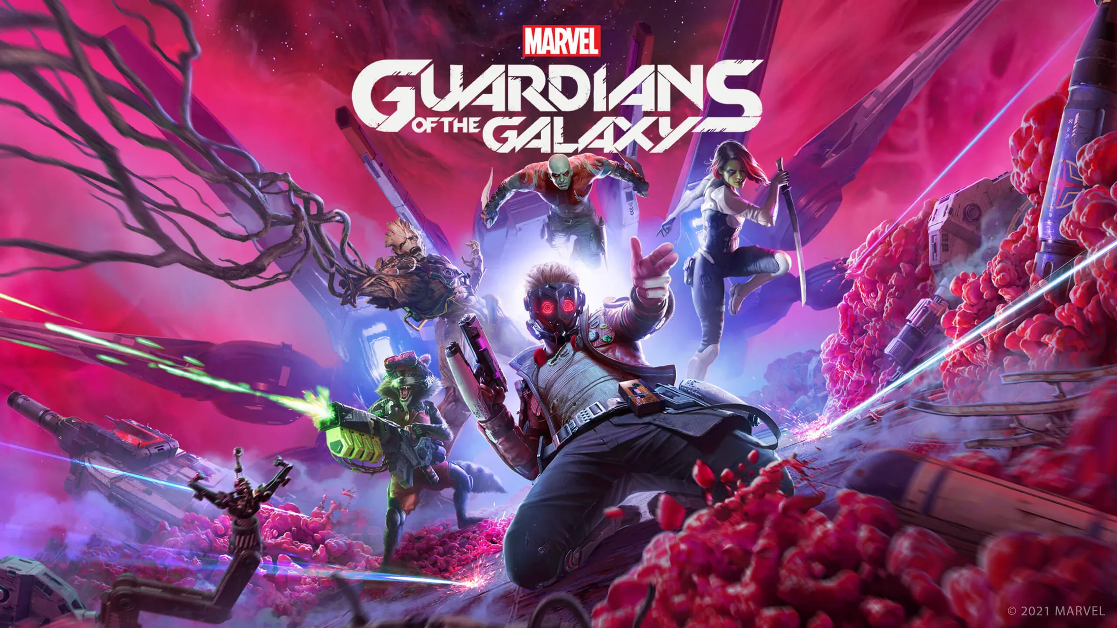 Marvel's Guardians of the Galaxy Os integrantes do grupo de heróis chamado "Guardiões da Galáxia" estampando a capa de seu jogo