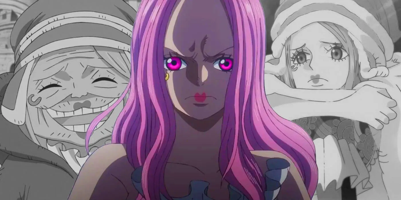 Personagem de cabelo rosa, piercing no rosto com sua aparencia idosa e criança atrás