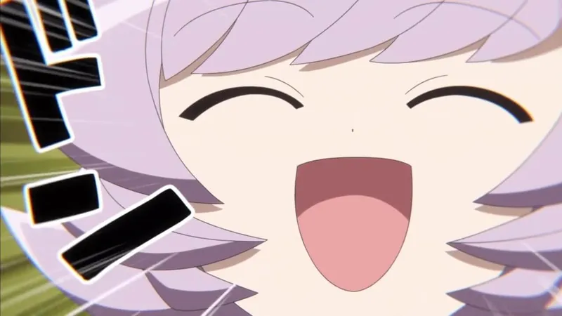 Personagem de cabelos lilás sorrindo de boca aberta e olhos fechados olhando para a frente