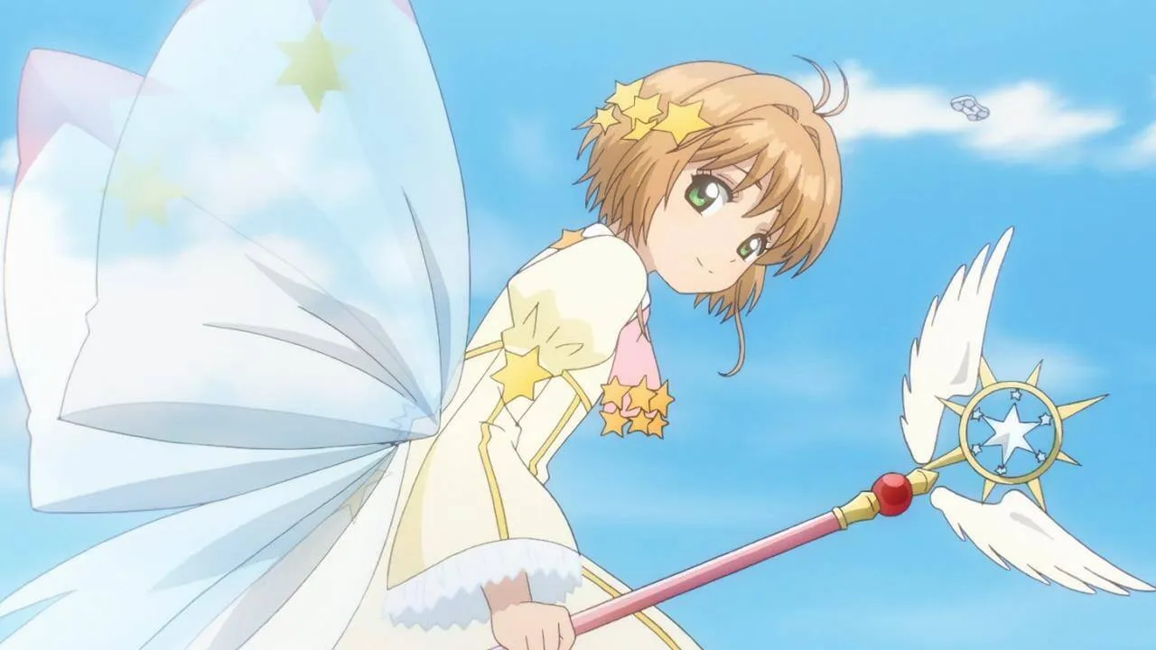 Sakura voando em cima do báculo em Sakura Cardcaptor: Clear Card
