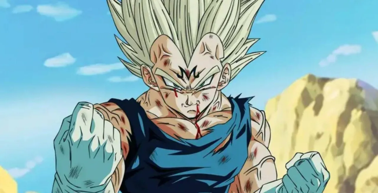 Personagem Majin Vegeta sorrindo cheio de ferimentos por seu corpo