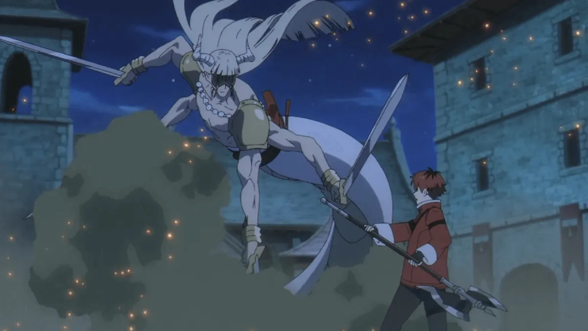 demônio com quatro braços lutando com homem de cabelos vermelhos que segura um machado