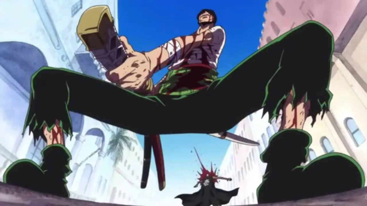 zoro segurando sua espada após conseguir cortar o aço e derrotar mr1