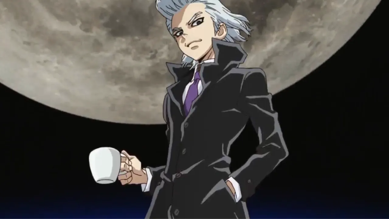 Xeno sorrindo, de costas para a lua