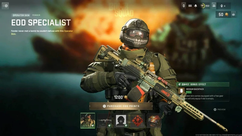 Foto mostra personagem grande com armadura anti-explosão, com uma metralhadora leve na mão. A imagem também mostra outros dados sobre o pacote, incluindo o preço de 1200 cod points.