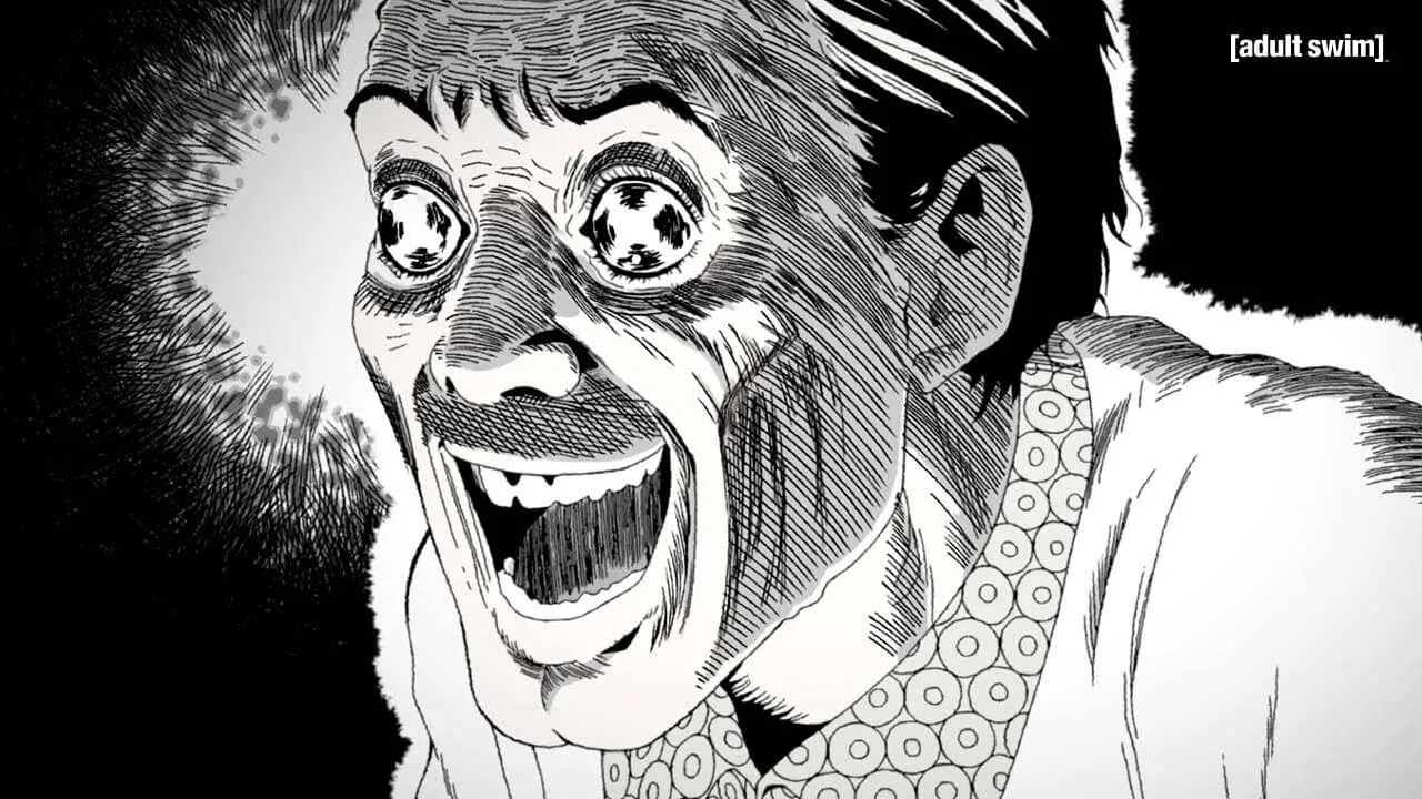 Personagem de Uzumaki com os olhos esbugalhados, em preto e branco, e boca aberta.