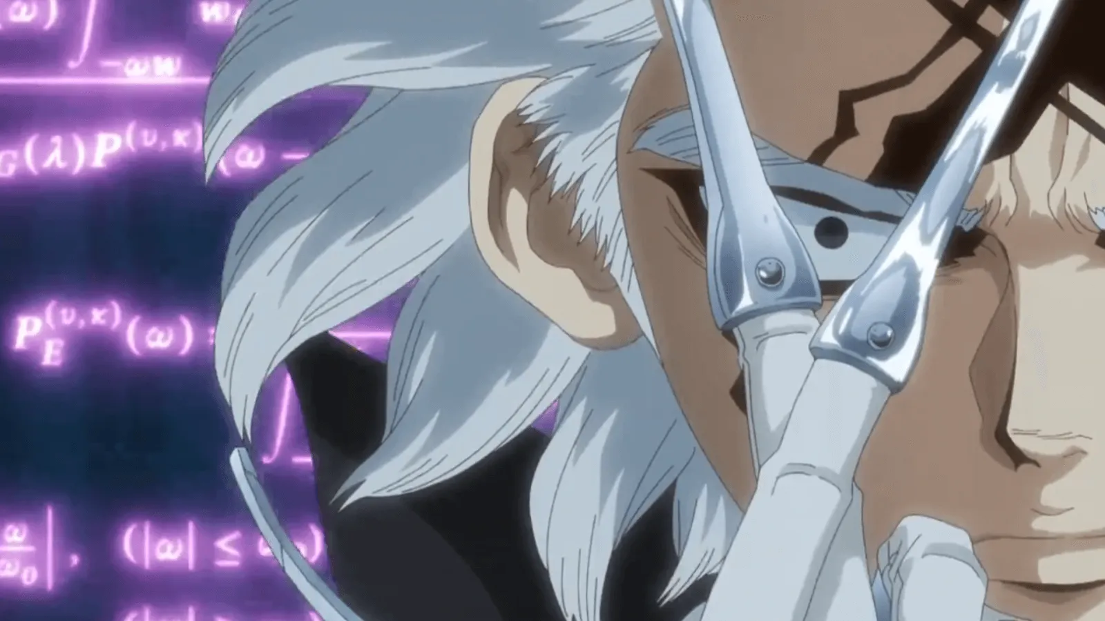 Xeno fazendo um X com os dedos em um fundo preto e roxo