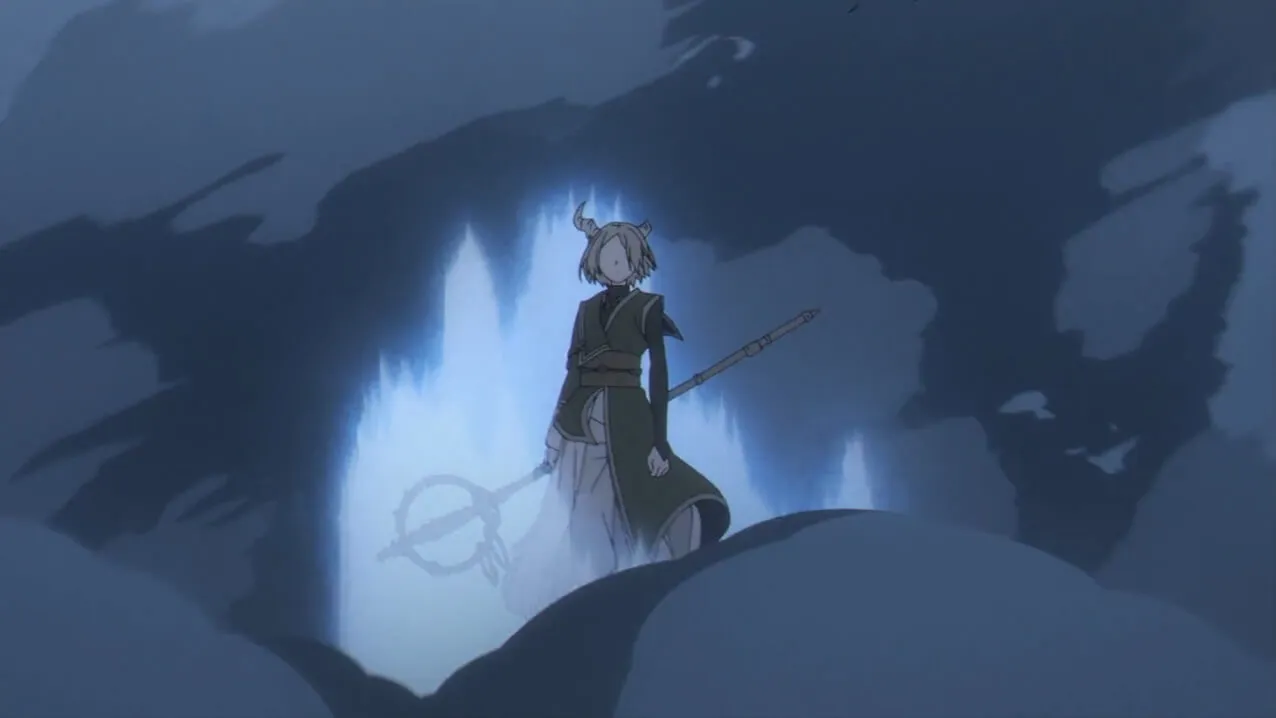 demônio de cabelos curtos segurando um cajado em um fundo azul escuro