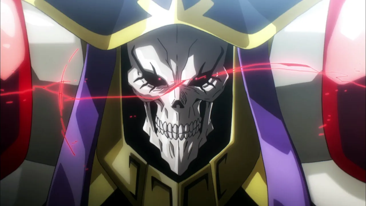Ainz aparentemente bravo, com um rastro vermelho saindo de seus olhos