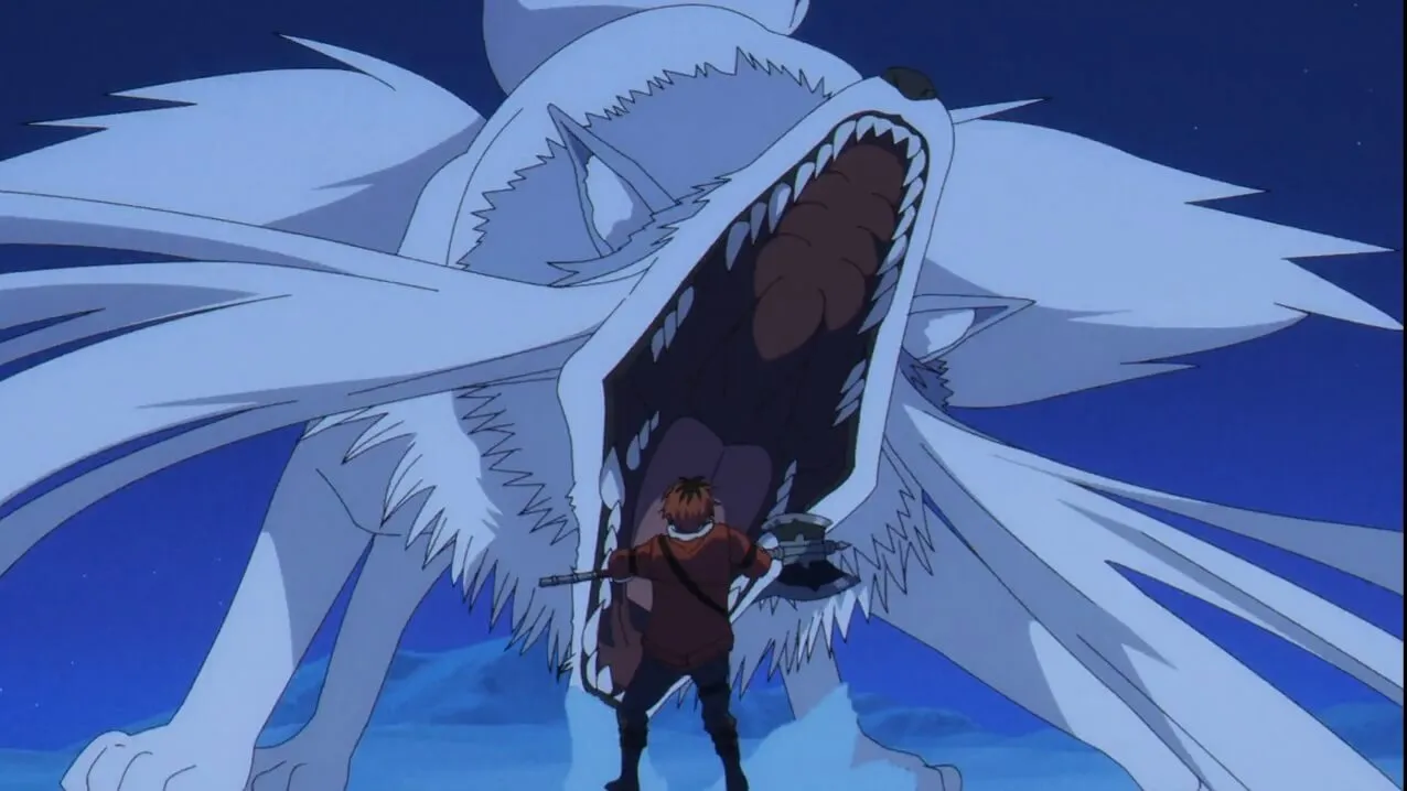 stark enfrentando lobo gigante que está de boca aberta