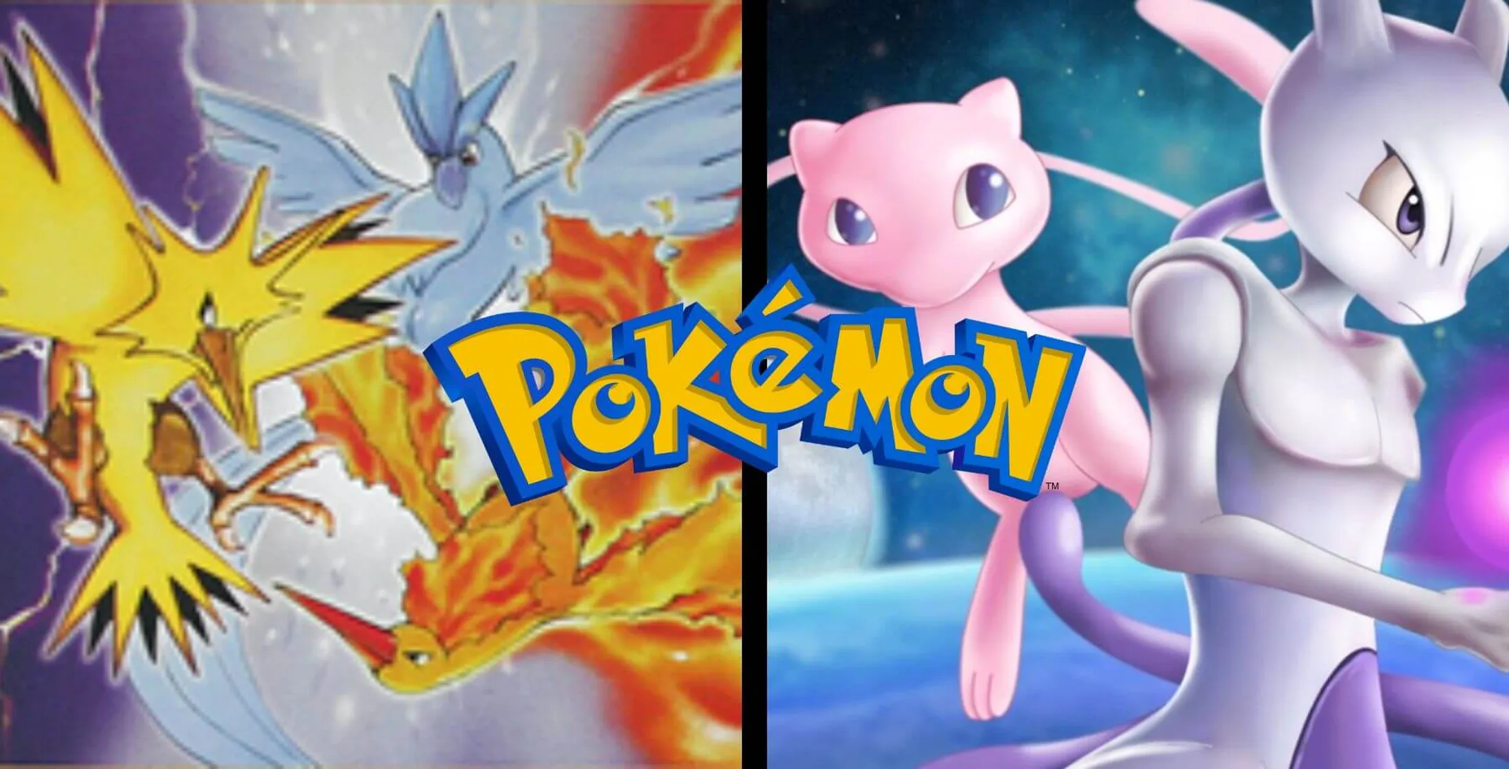 Ao lado esquerdo, Trio das Aves Lendárias, logo de Poémon no centro e ao lado direito, Mew e Mewtwo