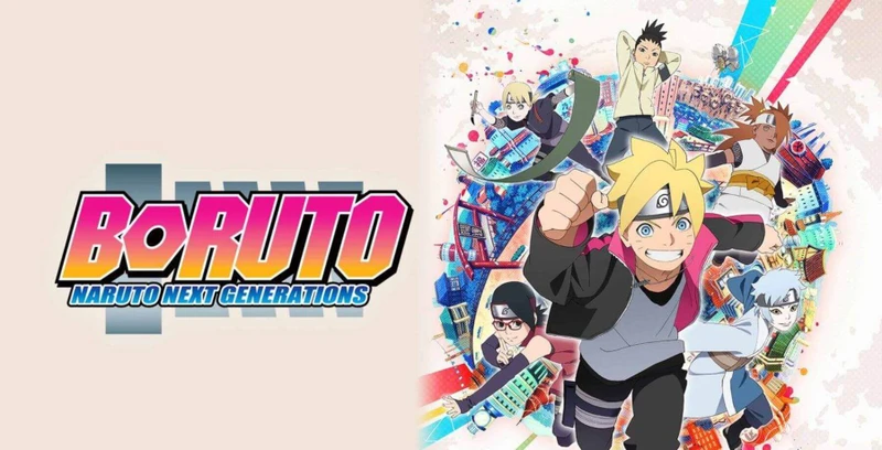 Personagens de Boruto com expressões alegres e o logo do anime à esquerda