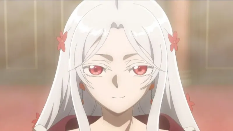 Mulher albina com olhos vermelhos sorrindo olhando para a frente