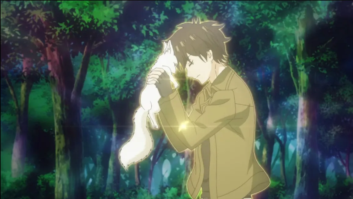 Shin segurando um bichinho enquanto ambos ficam com uma aura dourada em volta de si