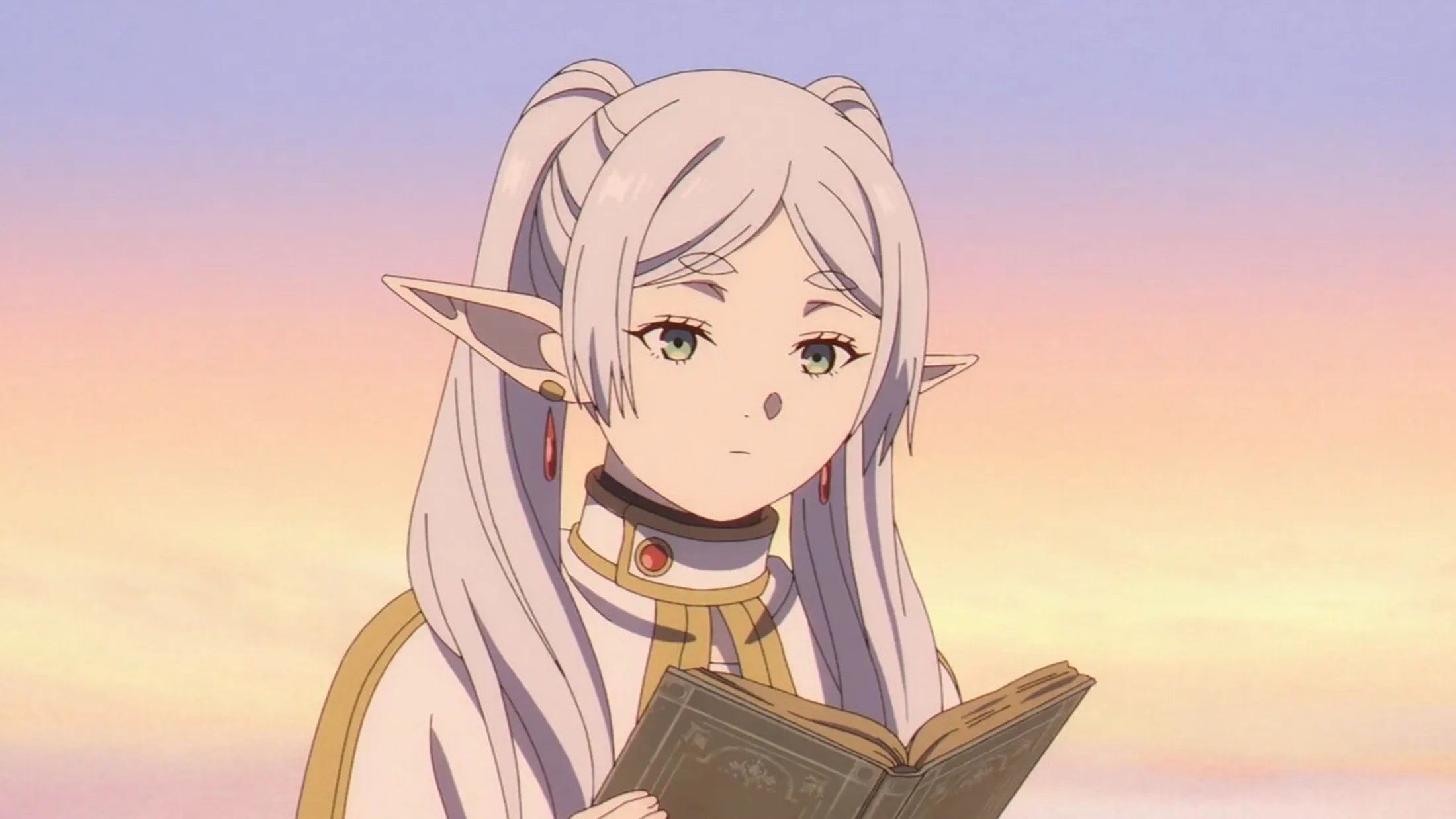 elfa sentada lendo diário com um pôr do sol no fundo