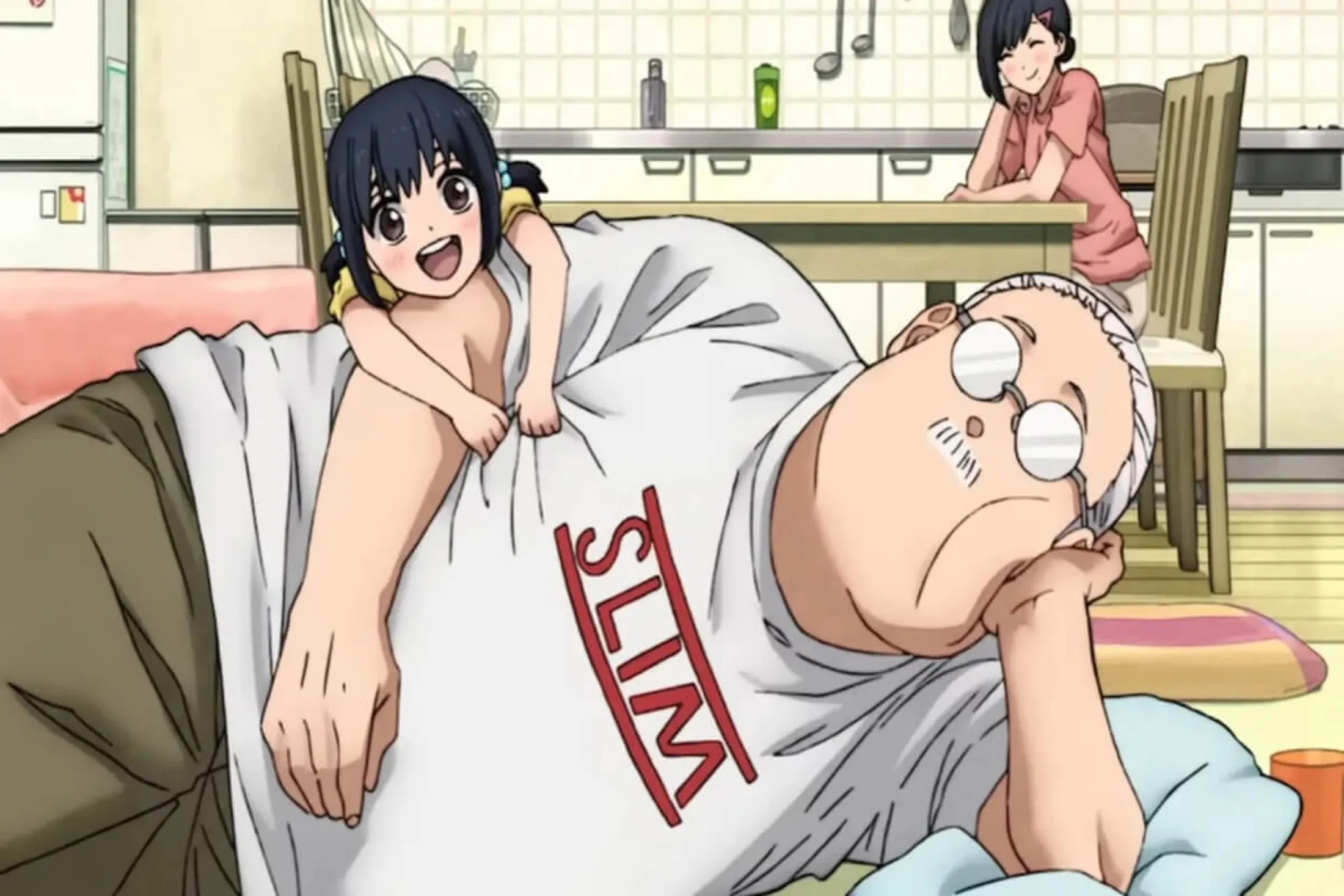 Taro Sakamoto, protagonista do anime em foto com a esposa e Hana, sua pequena filha.
