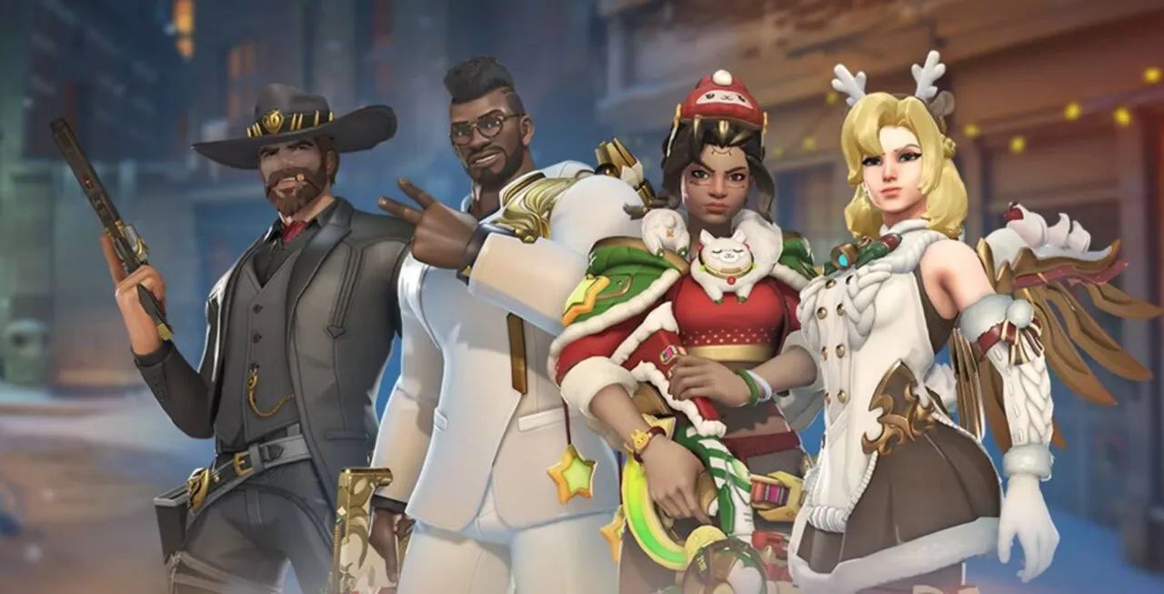 Personagem de Overwatch com roupas de clima natalino