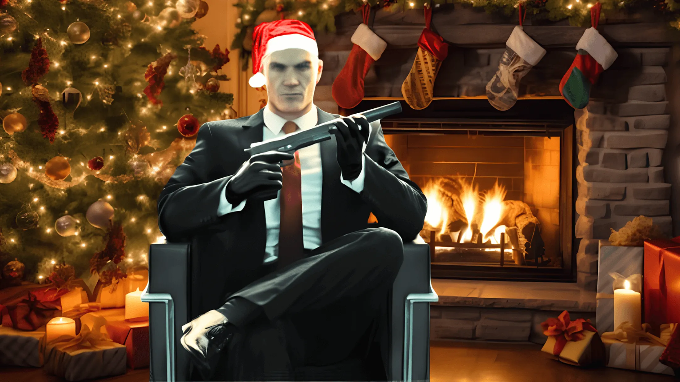 Homem sentado segurando armar em sala com decoração de natal
