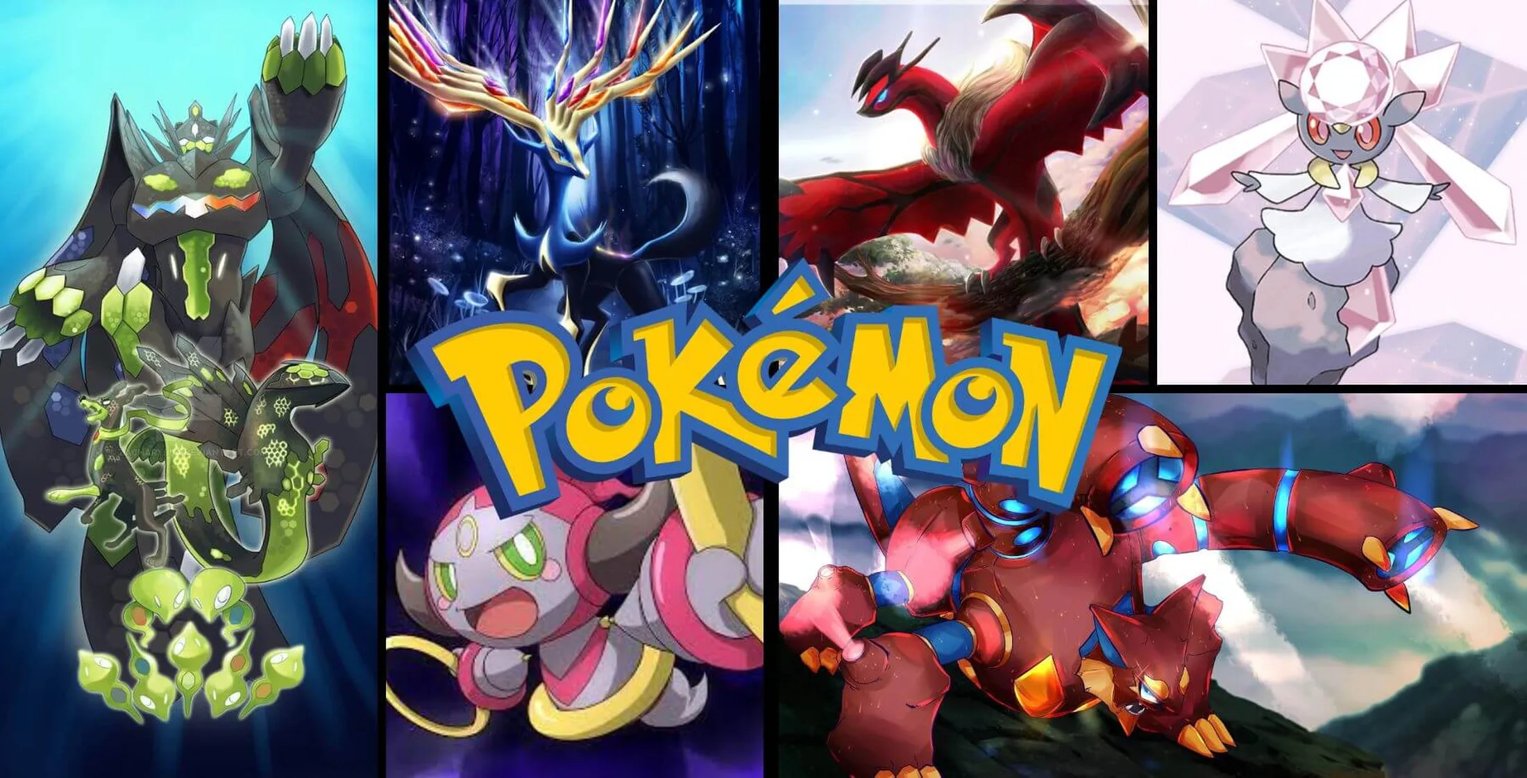 Pokémon lendários: Xerneas, Yveltal, Hoopa, Diance, Volcanion e Zygarde com o logo de Pokémon centralizado