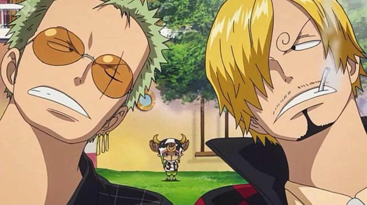 Zoro e sanji se encarando enquanto chopp olha para eles