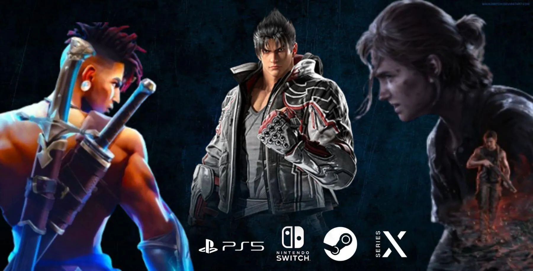 Personagens Dastan, Jin e Ellie, junto com logos do PlayStation 5, Xbox Series, Nintendo Switch e Steam