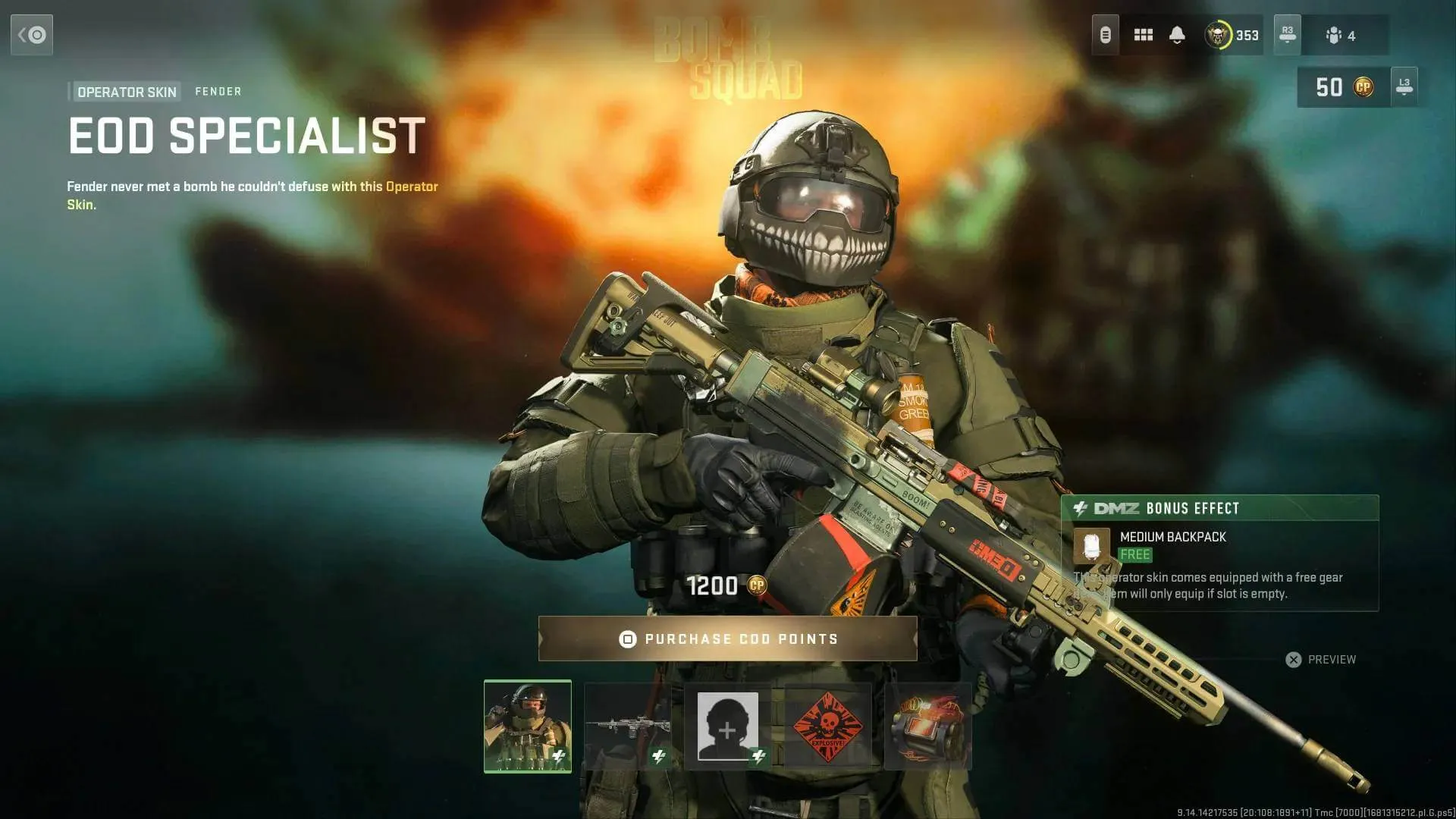 Foto mostra personagem grande com armadura anti-explosão, com uma metralhadora leve na mão. A imagem também mostra outros dados sobre o pacote, incluindo o preço de 1200 cod points.