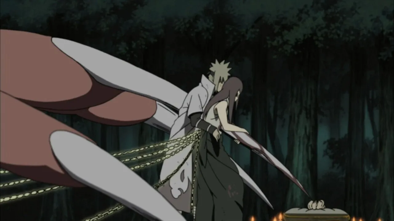 minato e kushina morrendo enquanto protegem naruto do ataque da kurama