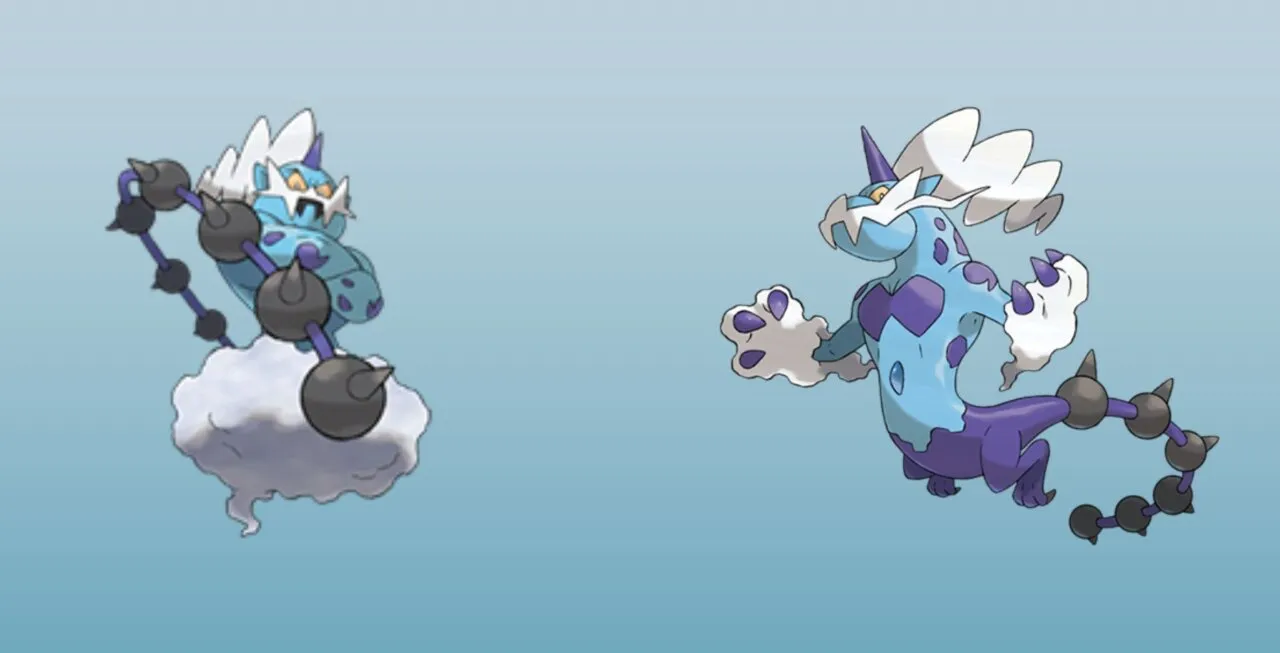 Thundurus em suas duas formas com um fundo em degrade