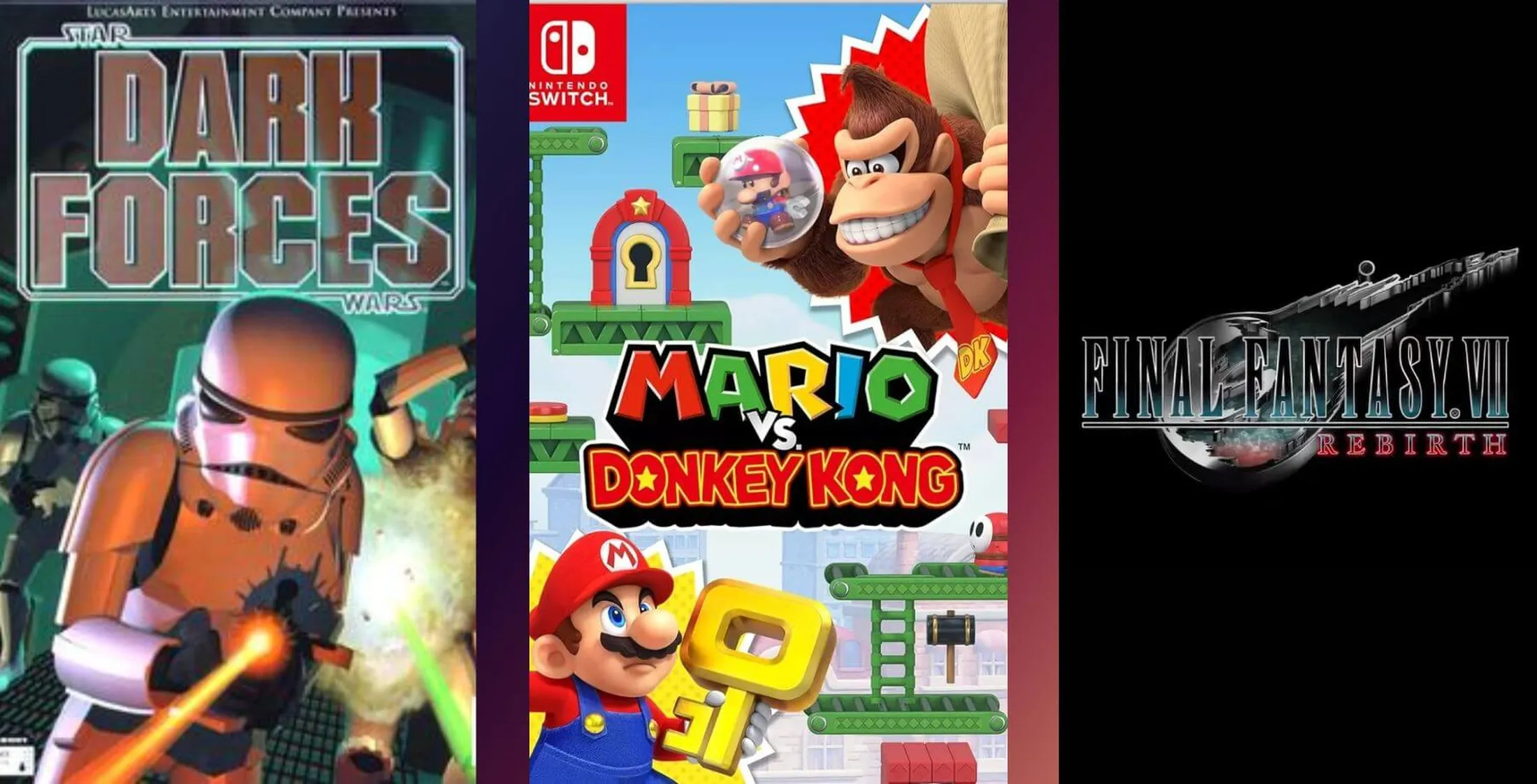 Da esquerda para direita, capas dos jogos Star Wars Dark Forces Remaster, Mario vs. Donkey Kong e Final Fantasy VII Rebirth