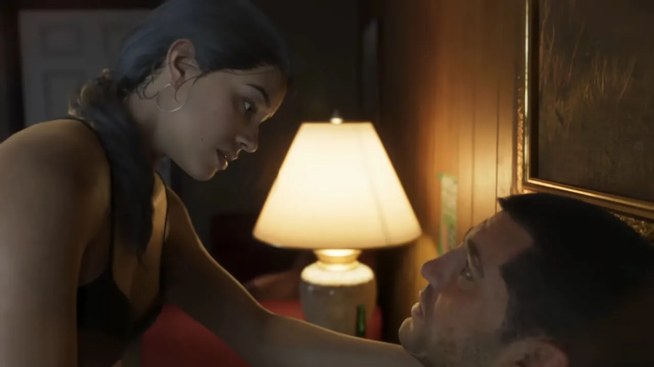 cena em que os dois personagens do GTA 6 estão olhando um para o outro ao lado de um abajur