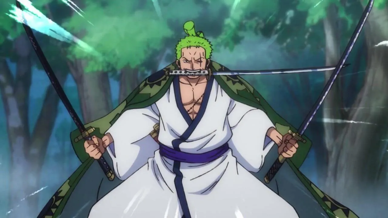 Zoro treinando com a enma e outras espadas
