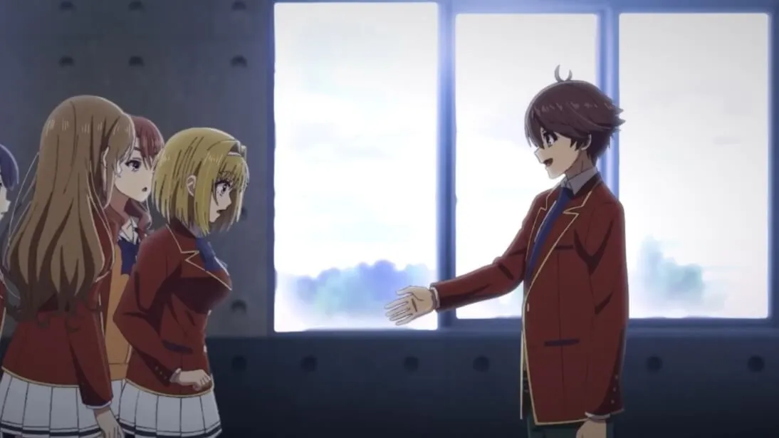 homem de cabelos castanhos estendendo a mão para um grupo de meninas