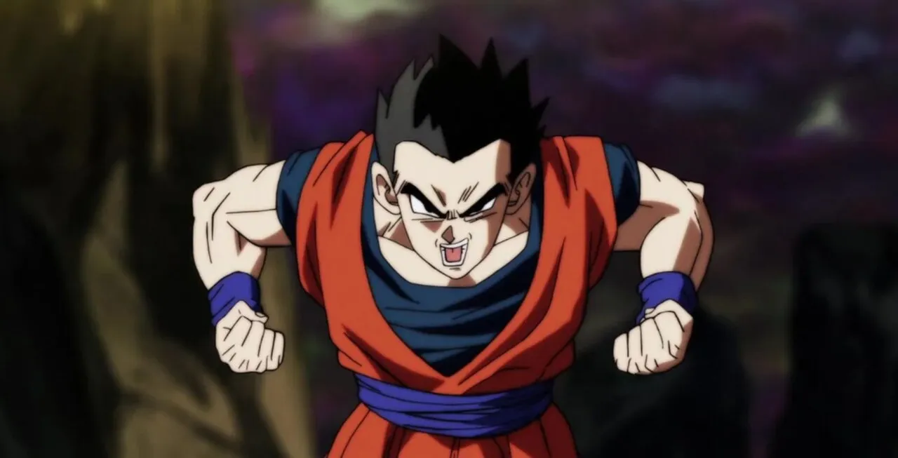 Personagem Gohan em cenário montanhoso em pose de combate