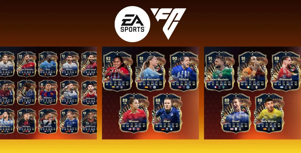 Cartas do evento do EA FC 24 TOTS Live com fundo degradê laranja, marrom e preto