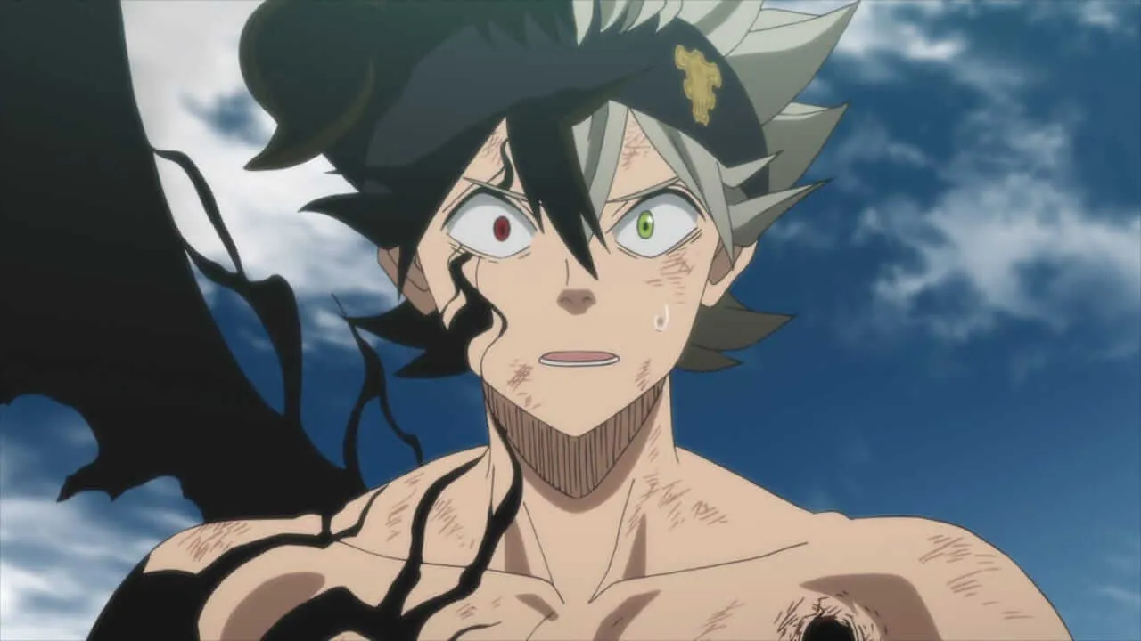 Personagem de Black Clover olhando perplexo para frente com seus olhos de cores diferentes.