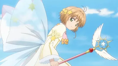 Sakura voando em cima do báculo em Sakura Cardcaptor: Clear Card