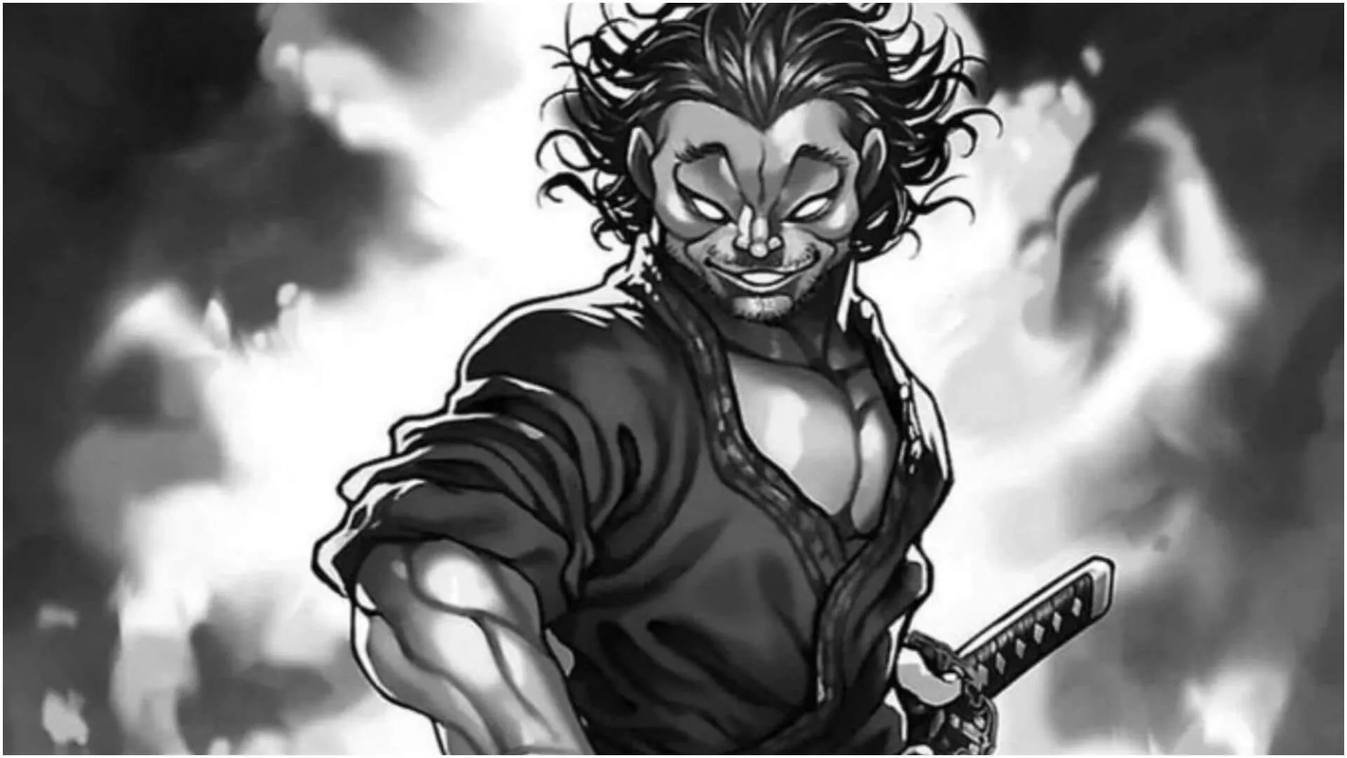 Musashi sorrindo enquanto se prepara para desembainhar sua espada com a mão esquerda