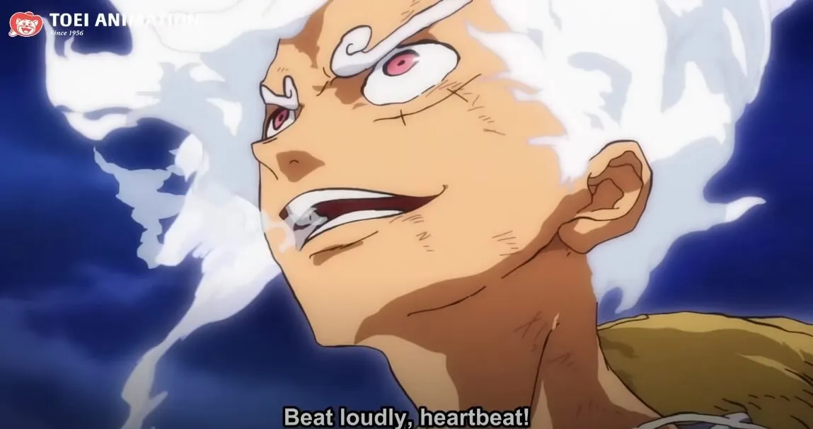 luffy usando a gear 5 e olhando para cima