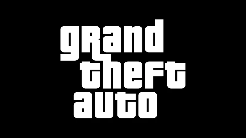 logotipo da franquia escrito Grand theft auto, onde cada palavra ocupa uma linha