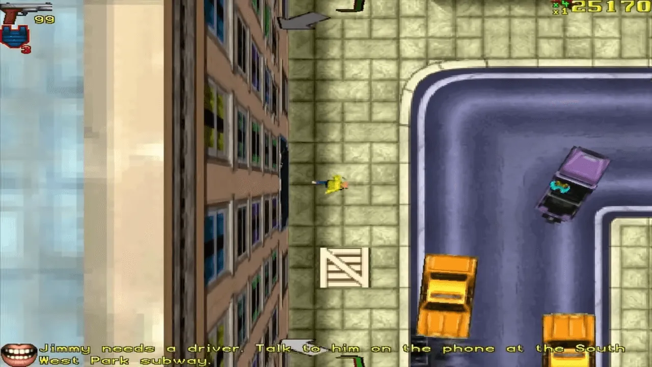 Captura de tela de Grand Theft Auto onde o personagem do jogo está correndo por uma calçada após sair de uma garagem