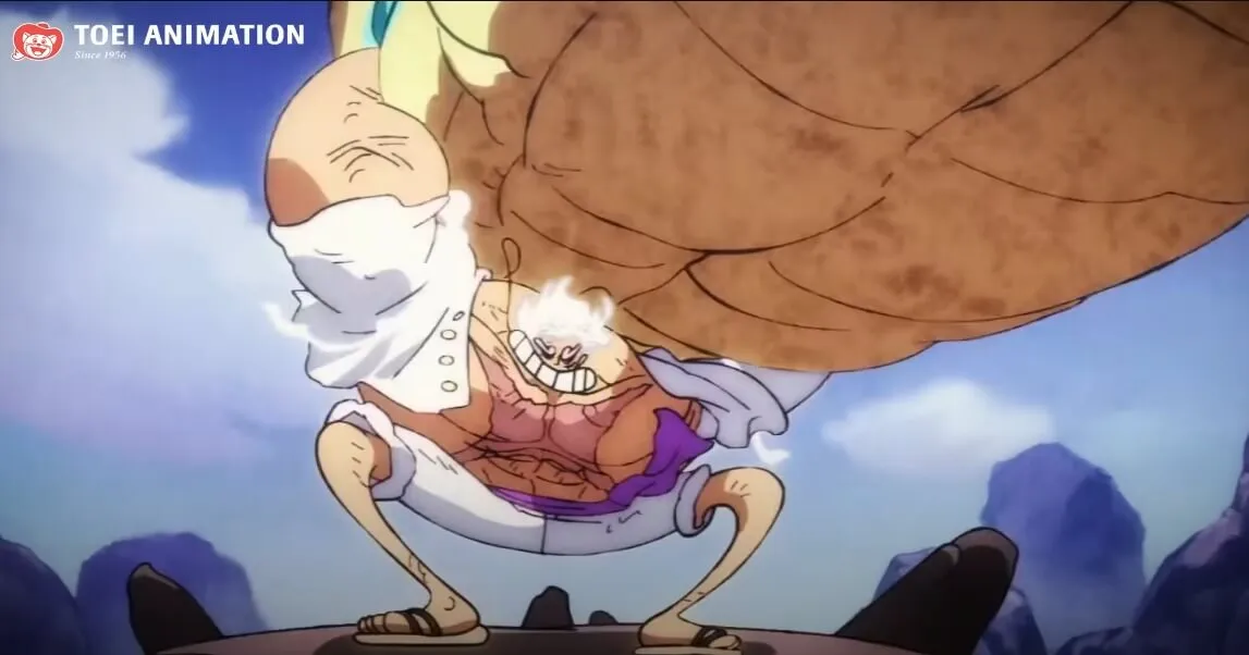 luffy recebendo um golpe e sentindo dor, quanto está usando a gear 5 e sua forma musculosa