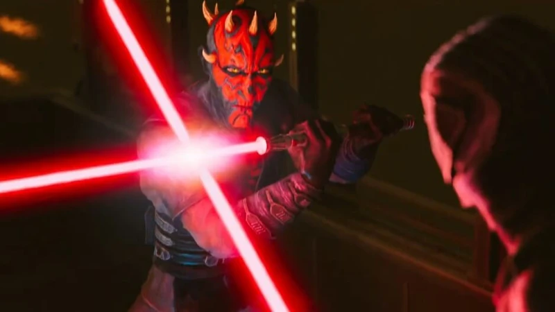 homem vermelho com chifres na cabeça segurando um sabre de luz vermelho