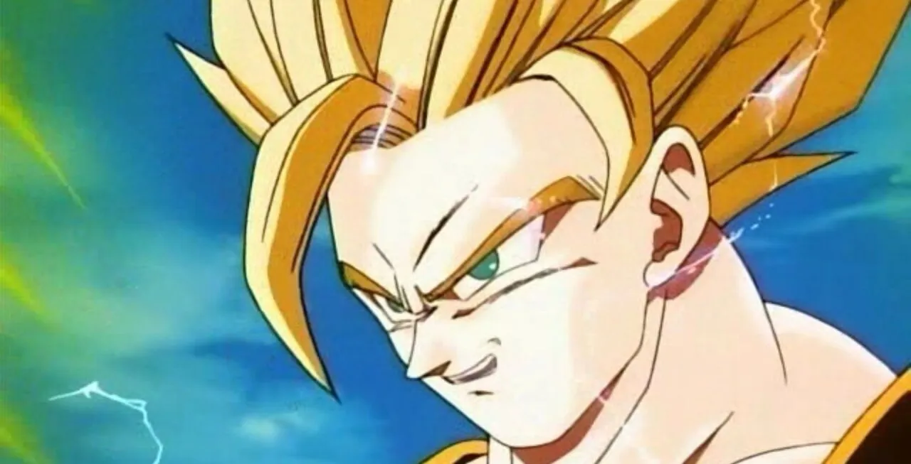 Goku na forma Super Saiyajin 2 sorrindo