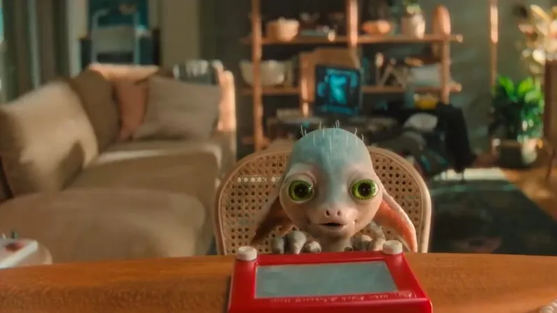 Alienígena sentado em uma mesa sorrindo olhando para a frente enquanto encosta em um aparelho vermelho
