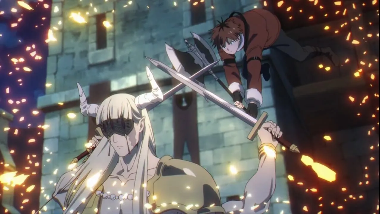 demônio de venda, chifres e cabelo longo lutando contra homem de cabelos e roupas vermelhas